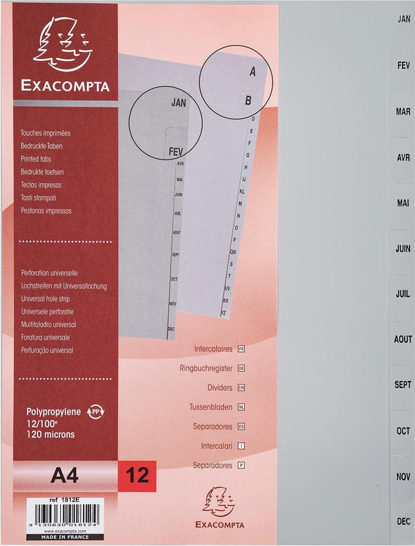 Exacompta tabbladen met bedrukte tabs in gerecycled pp - 12 tabs - januari december - a4 - grijs - 1812e