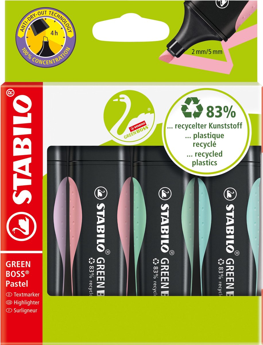 Stabilo green boss pastel - markeerstift - set van 4 stuks