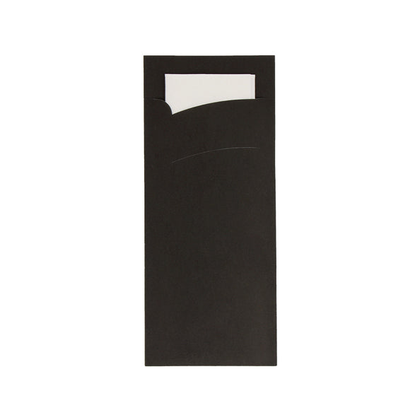Bestekzakje pochette zwart met wit servet (600 stuks)