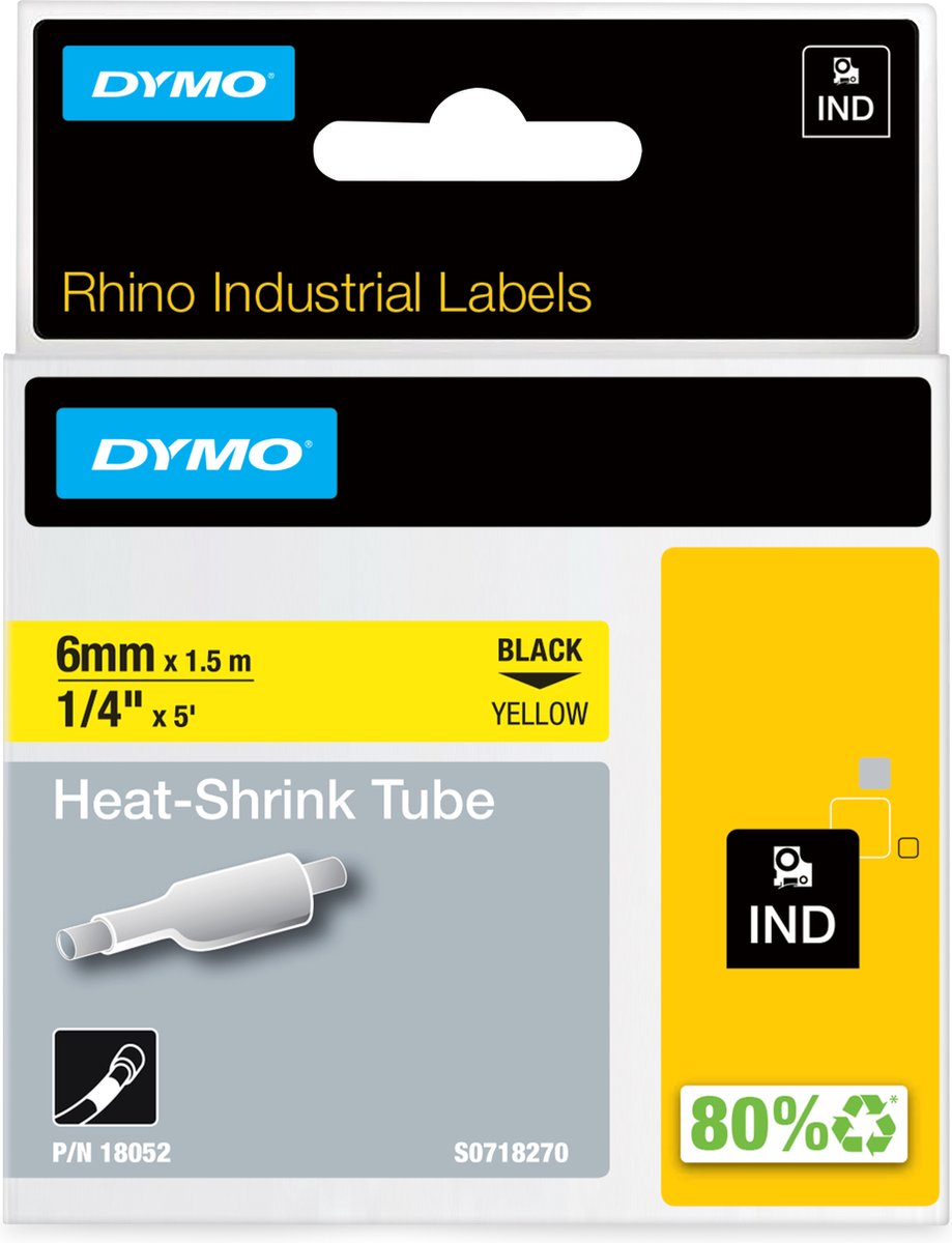 Dymo rhino industriële heat-shrink tube-labels | 6 mm x 1,5 m | zwarte afdruk op geel | voor rhino labelprinters