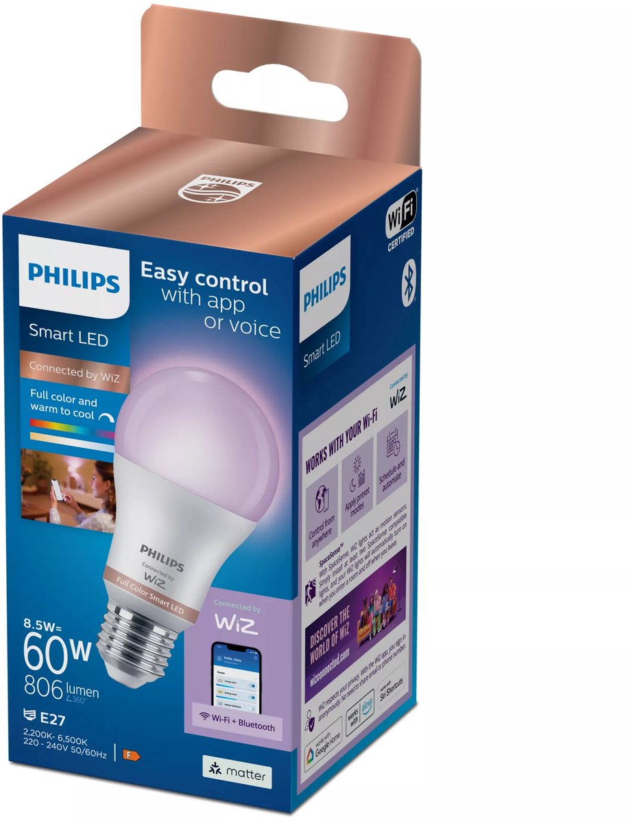 Philips led philips smart lighting - lamp - slimme led-verlichting - gekleurd en wit licht - e27 - 60w - mat - wi-fi