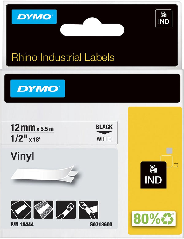 Dymo rhino industriële vinyl labels | 12 mm x 5,5 m | zwarte afdruk op wit | zelfklevende labels voor rhino labelmanager labelprinters