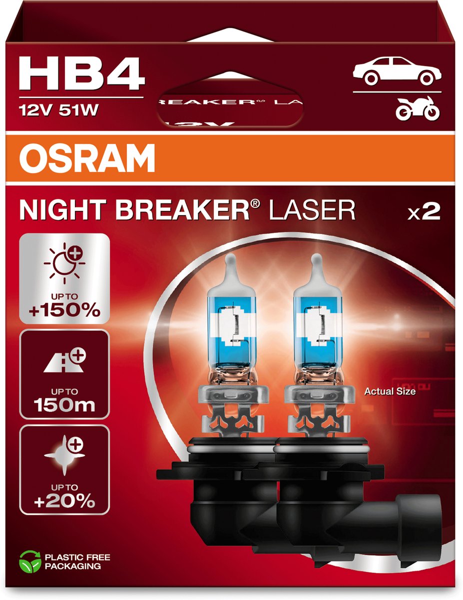 Osram night breaker laser - halogeenlamp - hb4 - 150% heldere licht - 20% witter