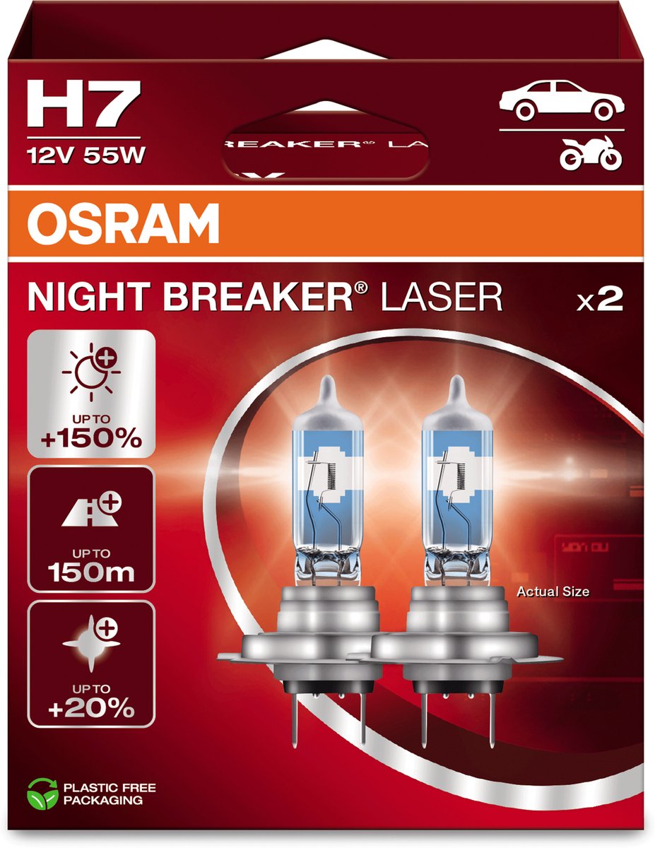 Osram night breaker laser - h7 halogeen autolampen – tot 150% meer licht en 150m zicht - 64210nl-2hb - duitse kwaliteit - set 2 lampen