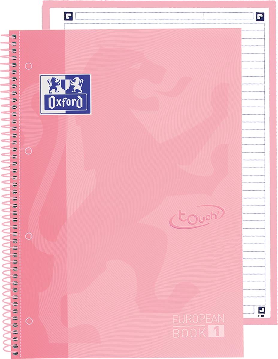 Oxford school europeanbook - notitieboek - gekleurde rand - a4+ - lijn - 80 vel - 4 gaats - hardcover - pastel roze