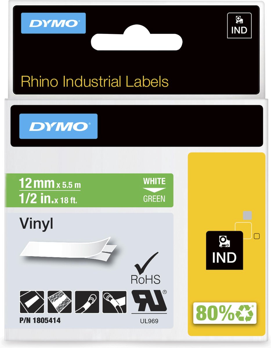 Dymo rhino industriële vinyl labels | 12 mm x 5,5 m | witte afdruk op groen | zelfklevende labels voor rhino labelmanager labelprinters