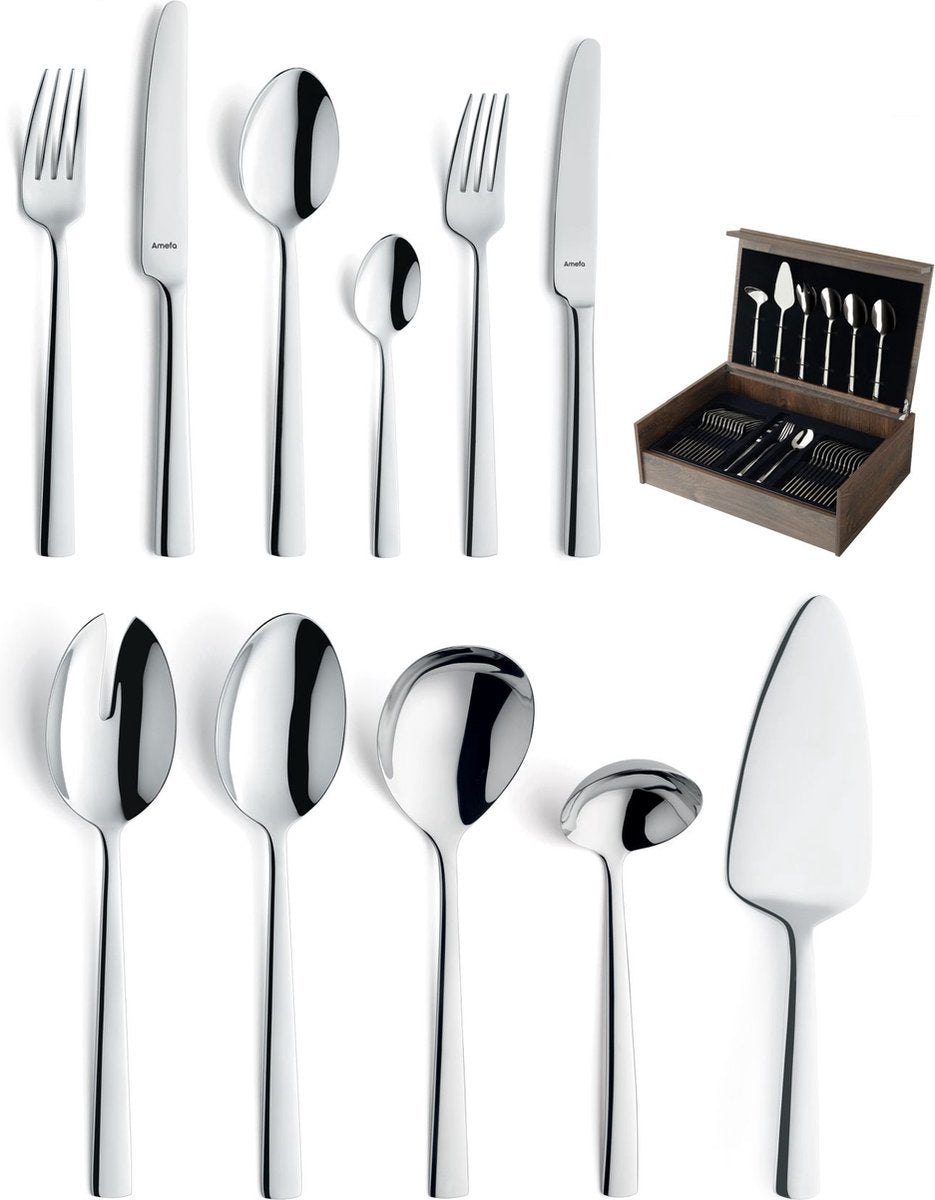Amefa moderno - 78-delige bestekset - voor 12 personen - hoogglans - zilverkleurig - in luxe houten kist