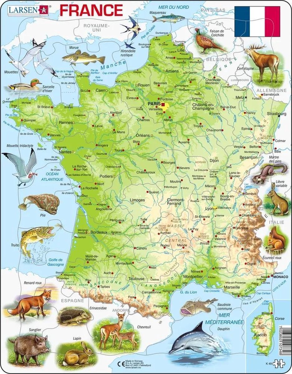 Larsen carte physique de la france – puzzle – france – géographie physique – puzzle éducatif pour enfants – 60 pièces – fabriqué en norvège – pièces extra épaisses de 2,5 mm – plateau avec bord fixe
