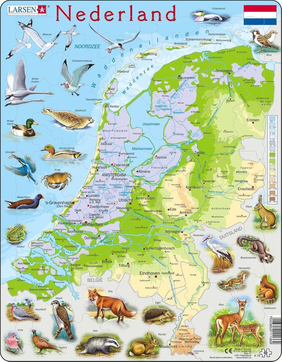 Larsen nederland geografisch met dieren – puzzel – kaarten geografie – nederland – educatieve legpuzzel voor kinderen – 68 stukjes – gemaakt in noorwegen – extra dikke 2,5 mm stukjes – tray met vaste rand