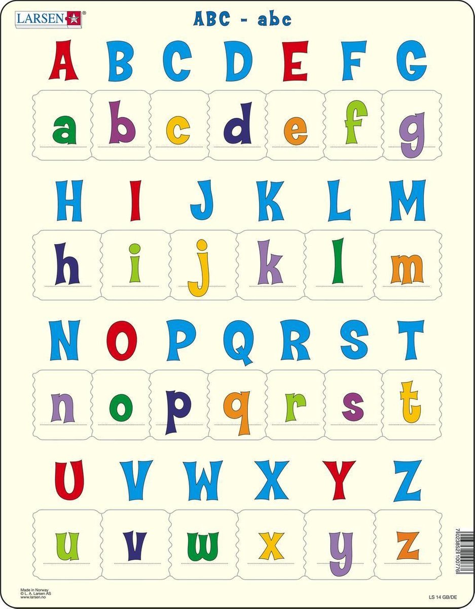 Larsen hoofdletters en kleine letters – puzzel – leren lezen – letters – educatieve legpuzzel voor kinderen – 26 stukjes – gemaakt in noorwegen – extra dikke 2,5 mm stukjes – tray met vaste rand