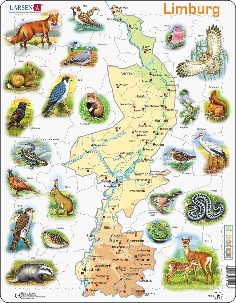 Larsen limburg met dieren – puzzel – kaarten geografie – nederland – educatieve legpuzzel voor kinderen – 60 stukjes – gemaakt in noorwegen – extra dikke 2,5 mm stukjes – tray met vaste rand