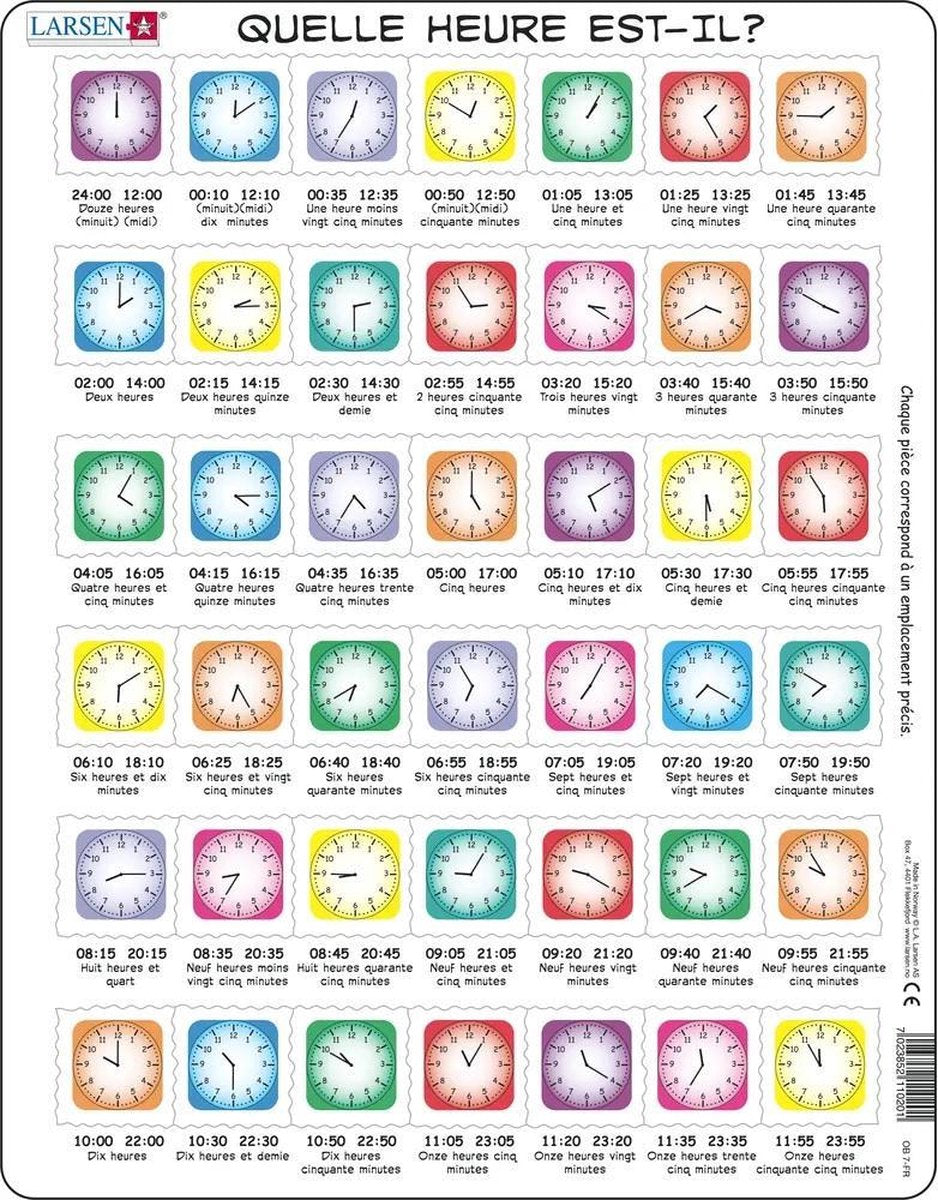 Larsen apprendre l’heure – puzzle – horloge – lecture de l’heure – puzzle éducatif pour enfants – 42 pièces – fabriqué en norvège – pièces extra épaisses de 2,5 mm – plateau avec bord fixe