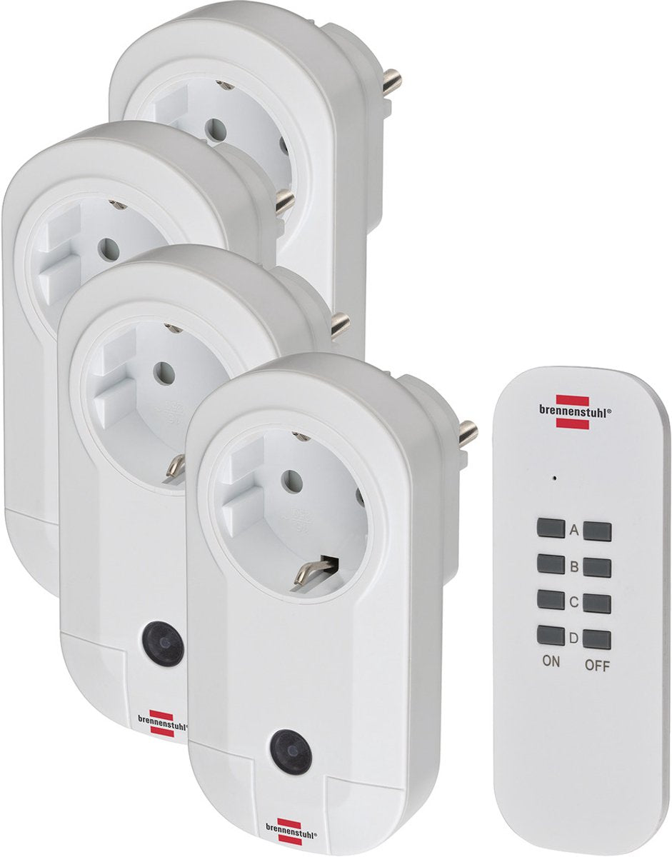Brennenstuhl draadloze schakelaarset rc ce1 4001, set van 4 draadloze stopcontacten (voor binnen, met handzender en hogere contactbescherming) wit