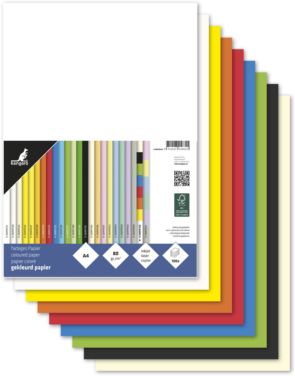 Kangaro papier - formaat a4 - 80 grams - assorti pak 100 vel