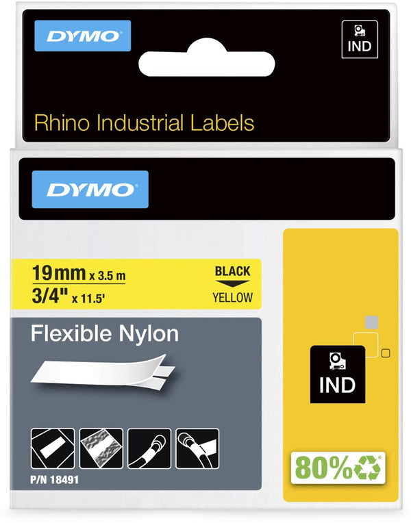 Dymo rhino industriële flexibele nylon labels | 19 mm x 3,5 m | zwarte afdruk op geel | zelfklevende labels voor rhino labelmanager labelprinters