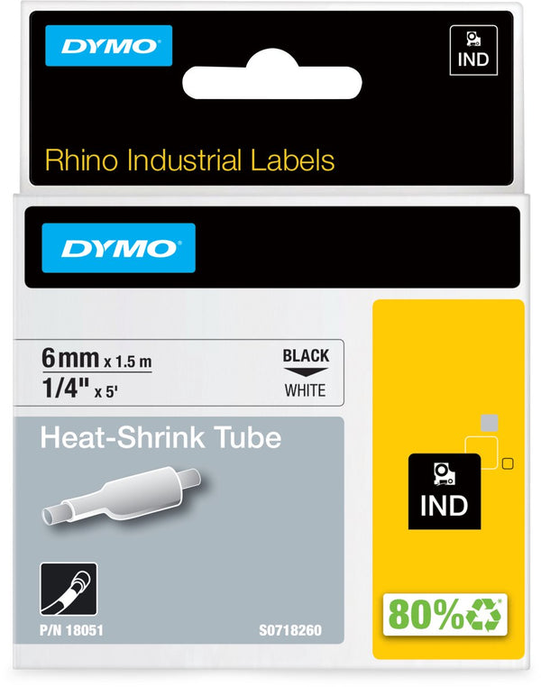 Dymo rhino industriële heat-shrink tube-labels | 6 mm x 1,5 m | zwarte afdruk op wit | voor rhino labelprinters