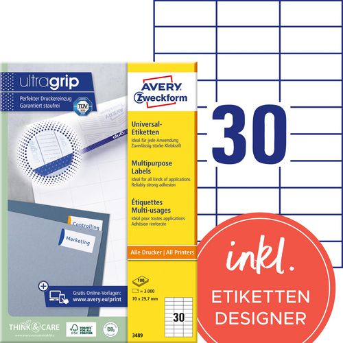 Avery universele etiketten zweckform 3489 70x29,7mm wit