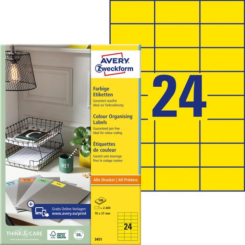 Universele etiketten avery zweckform 3451 70x37mm geel