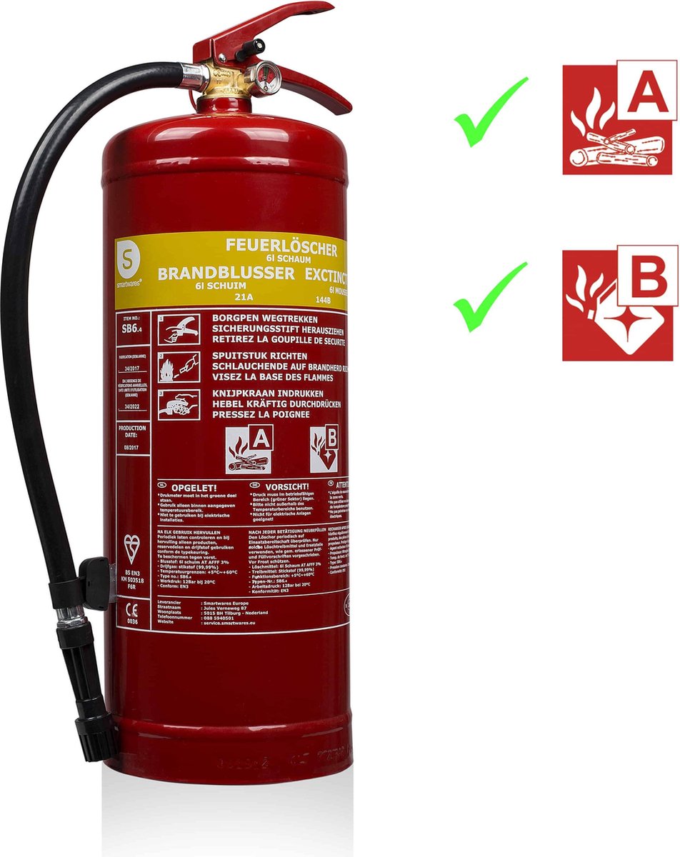 Smartwares 10.015.05 - brandblusser schuim 6l - incl ophangbeugel - brandklasse ab - bsi gecertificeerd