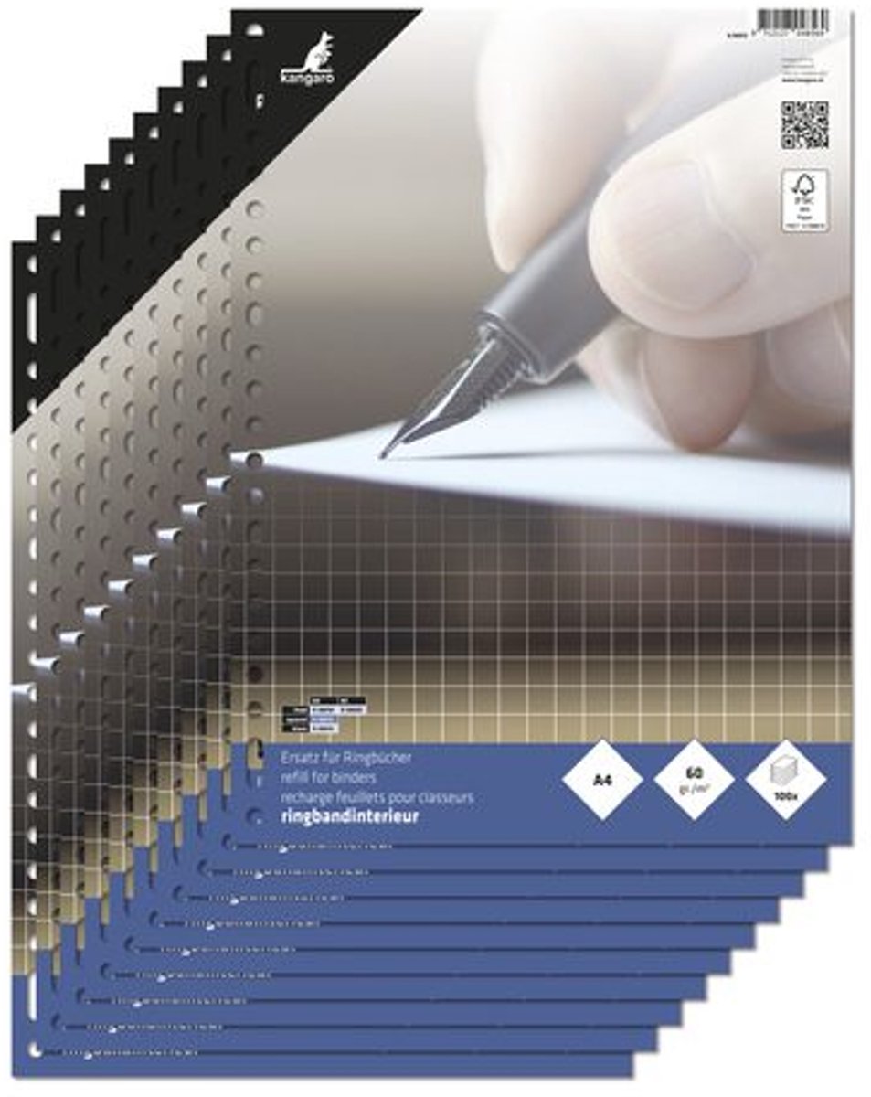 Kangaro ringbandinterieur a4 - ruit 10mm - 60 grams - 23-gaats - 10 sets - ringbandpapier - k-56012-10
