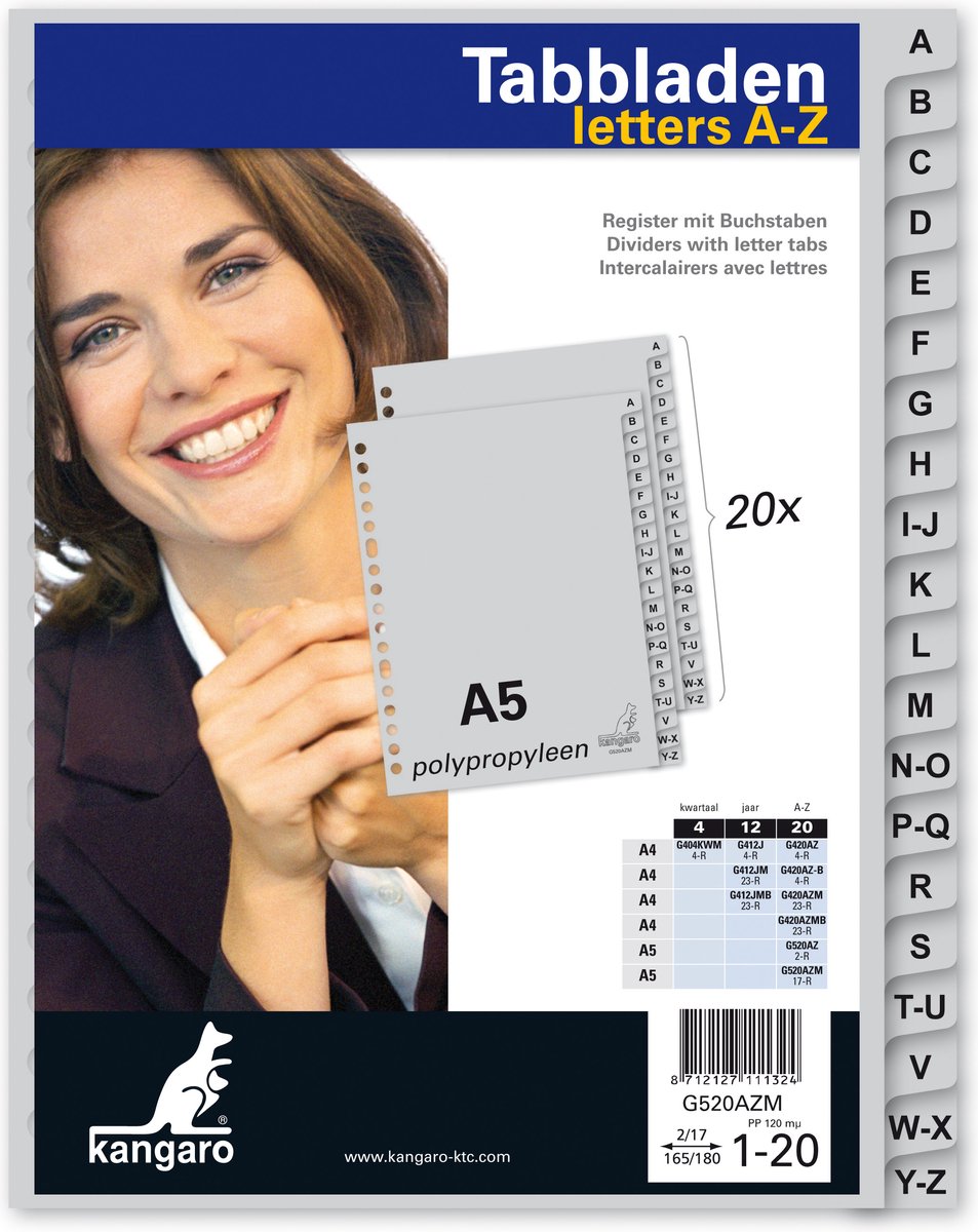Kangaro tabbladen a5 - 20-delig met alfabet - pp 120 micron - grijs - 17-gaats