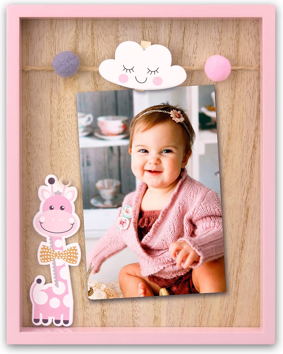 Zep - houten baby fotolijst met giraffe ryan roze voor foto 10x15 - vg446p