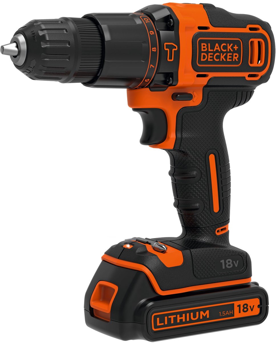 Black+decker 18v lithium ion accu schroef- klopboormachine met 2x 1,5ah accu's, 2 variabele snelheden, koffer - bdchd18kb-qw