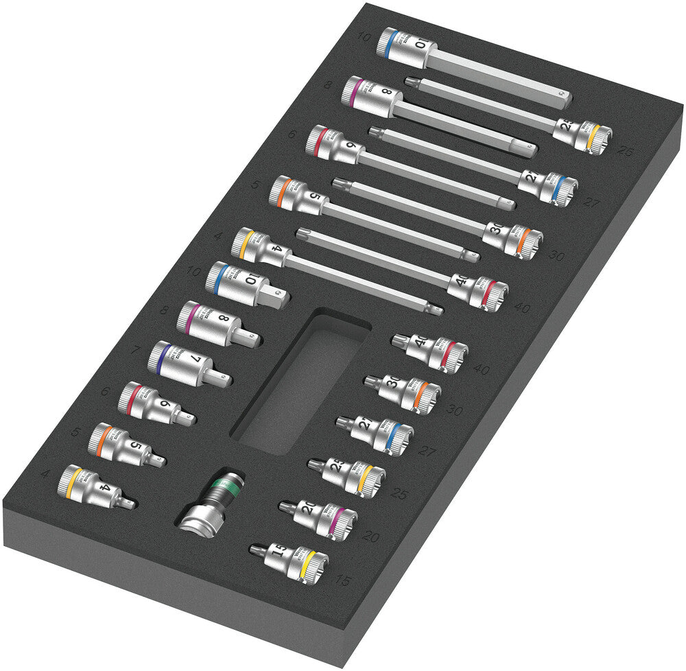 Wera 9723 schuimrubberen inzetstuk met zyklop b 3 8 bitdoppen set 1, 22‑delig gereedschapsset (zwart grijs, in schuiminzet voor werkplaatswagen)