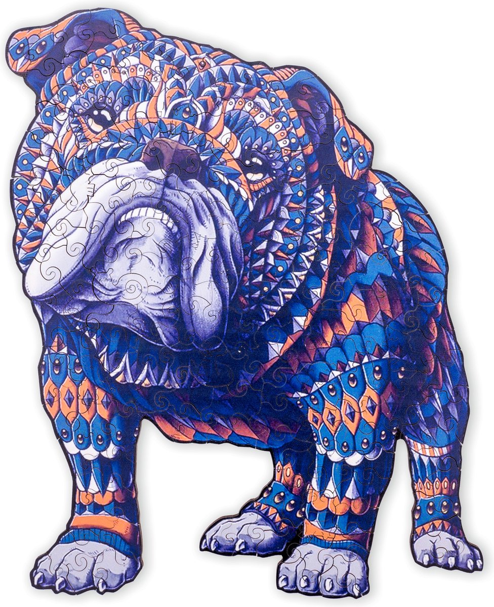Engelhart houten puzzel bulldog – 85 unieke puzzelstukjes – a4 formaat houten legpuzzel – dieren puzzelspel – compact denkspel – inclusief opbergetui –