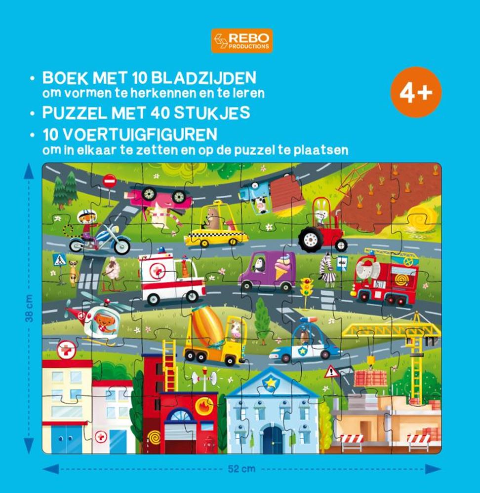 Rebo uitgevers boek, puzzel + 10 figuren - voertuigen