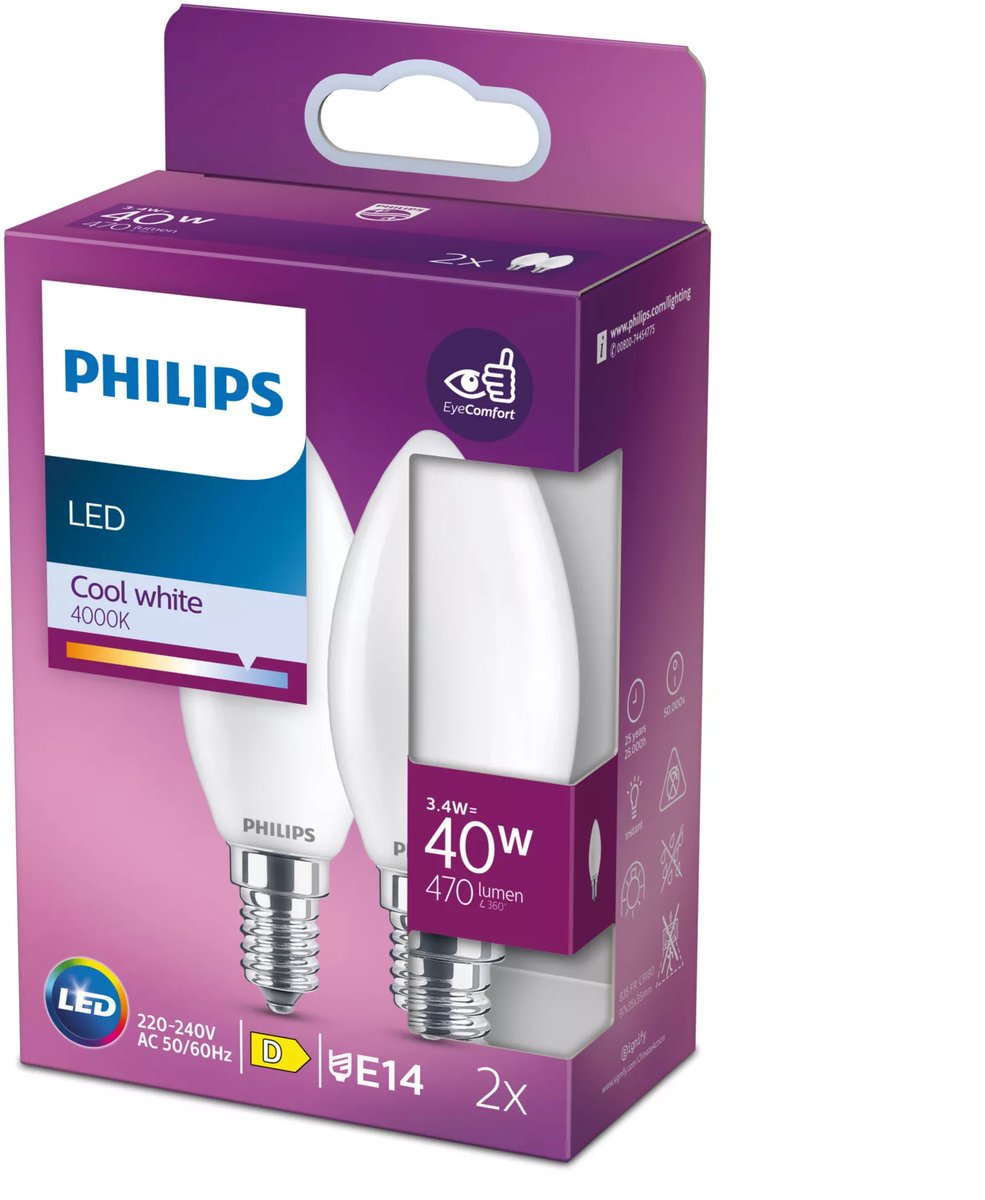 Philips filamentkaarslamp mat 40w b35 e14 x2