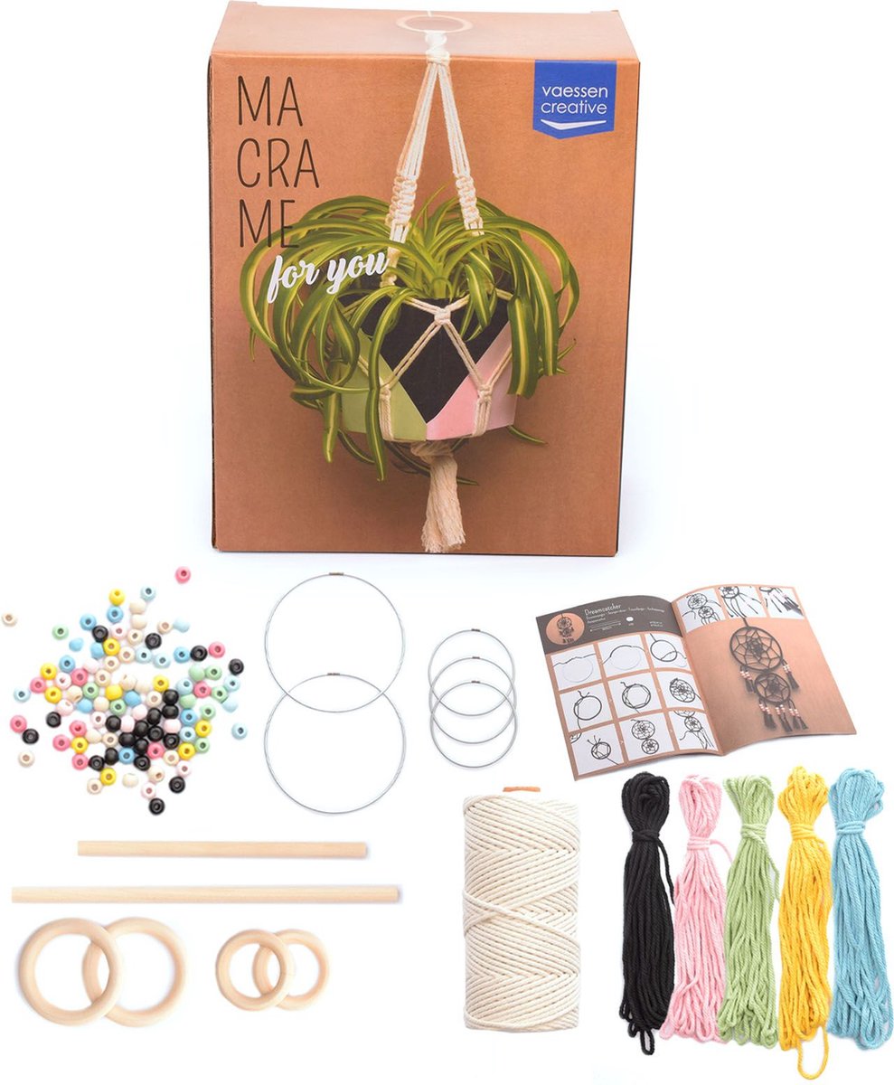 Vaessen creative - macramé pakket - diy weefset - inclusief macramé touw, kralen ringen