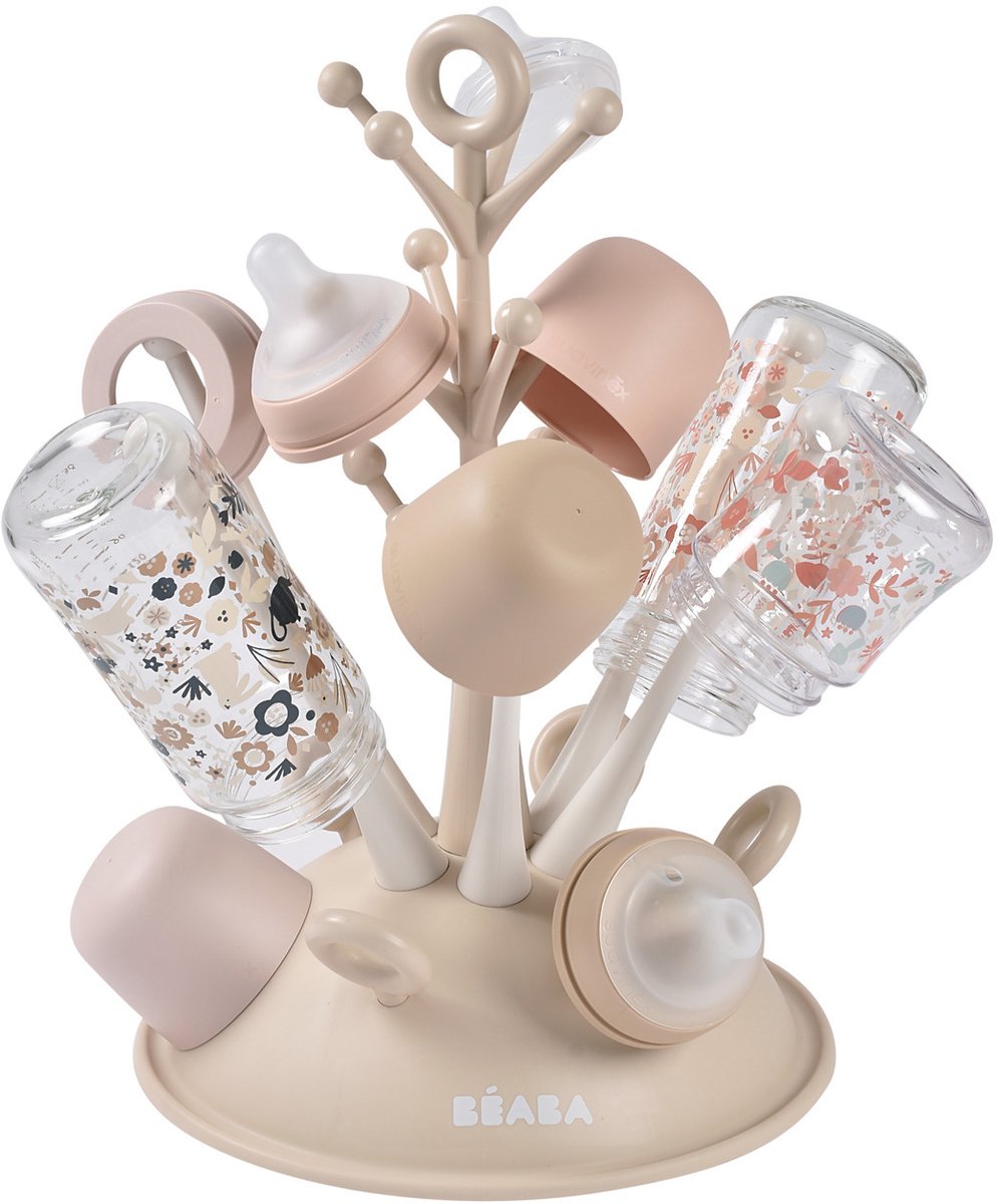 Béaba flessendroogrek boom – hygiënisch afdruiprek voor zuigflessen met wateropvangsysteem – flessenrek voor 6 baby flessen accessoires – clay ecru