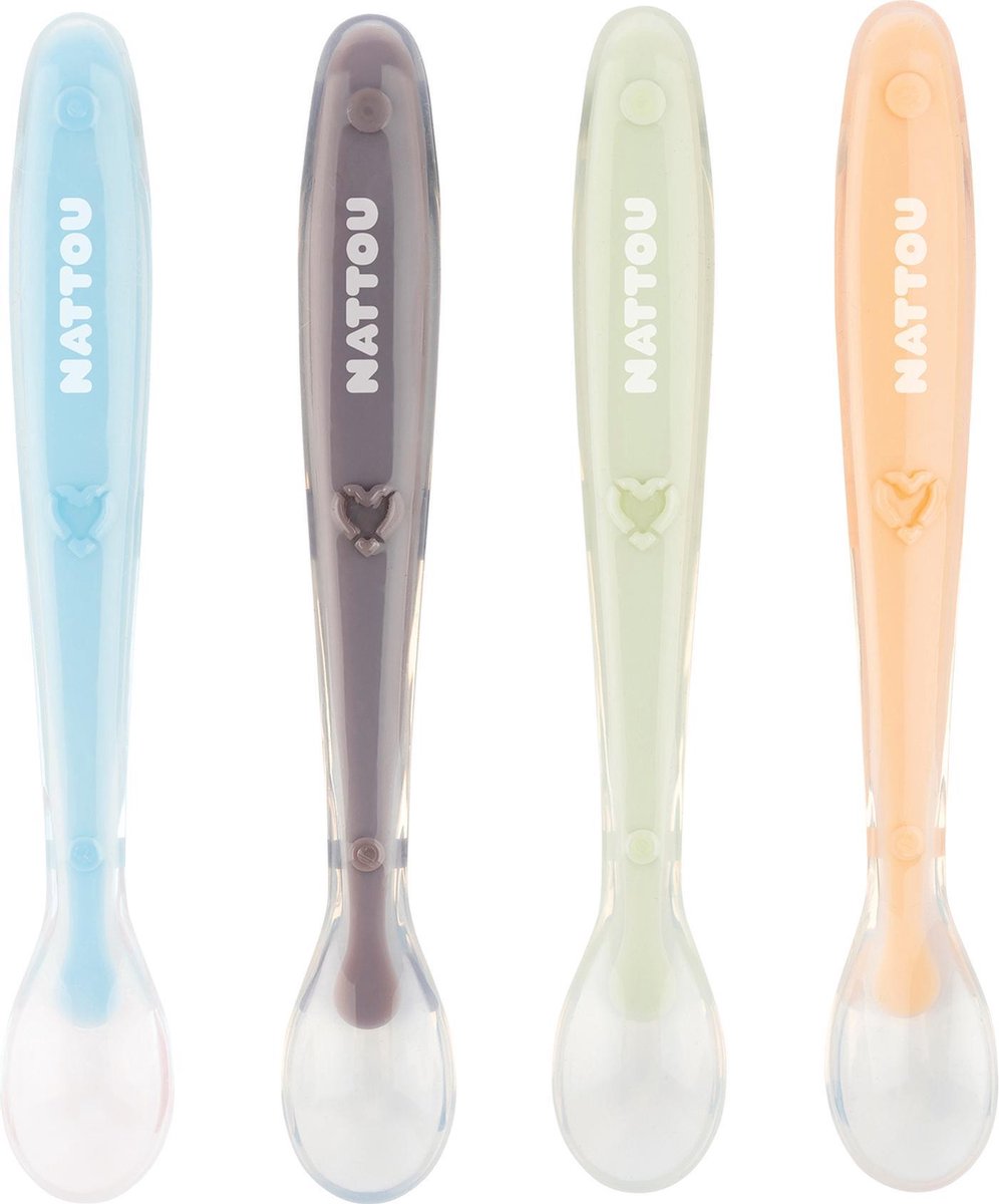 Nattou siliconen lepels voor kinderen - 4 stuks - lengte: elk 16 cm - met transportdoos voor 1 lepel - bpa-vrij
