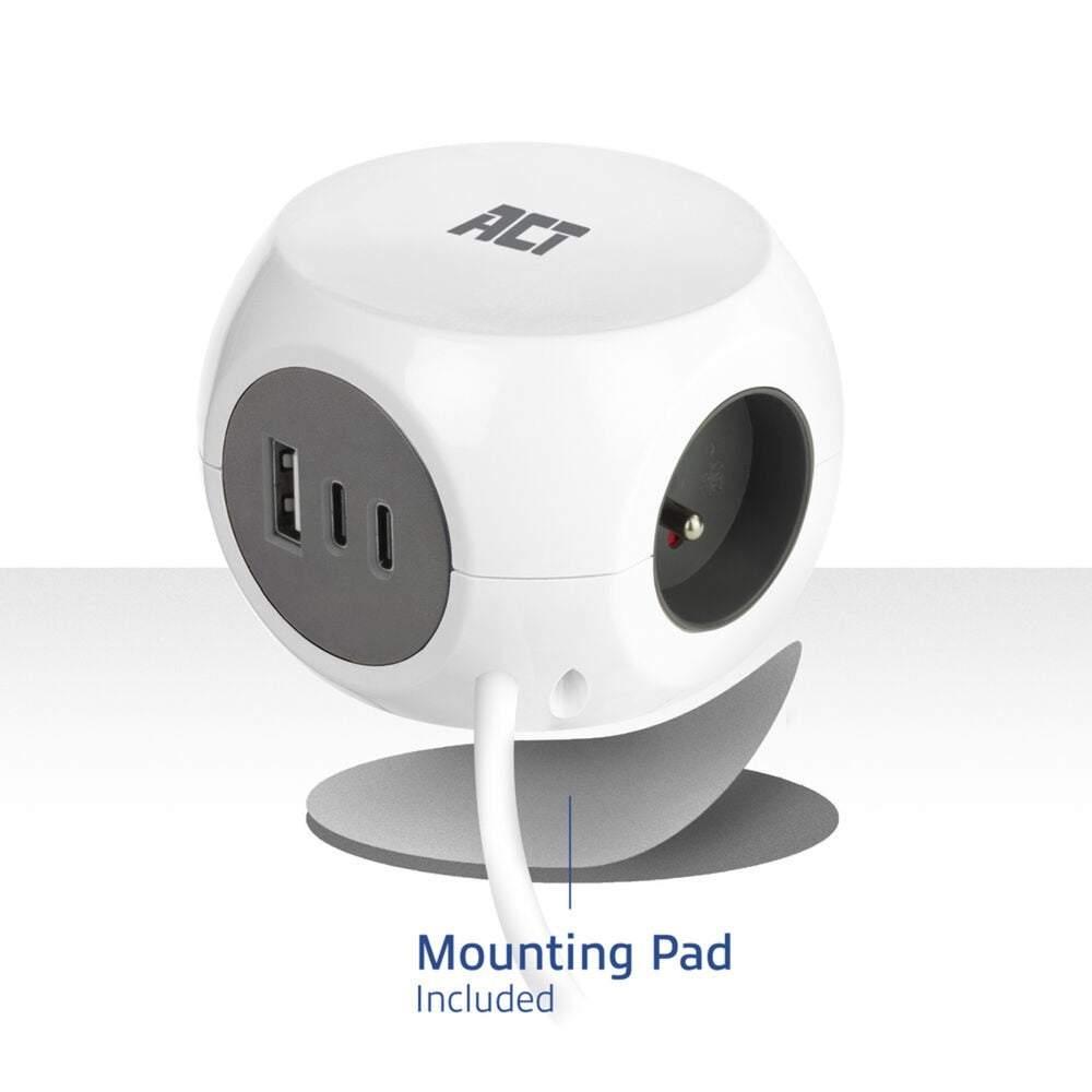Act connectivity stekkerdoos kubus met 3 stopcontacten, 30w power delivery usb-c a poorten, kabellengte 1,5m stekkerdoos (wit, type e)