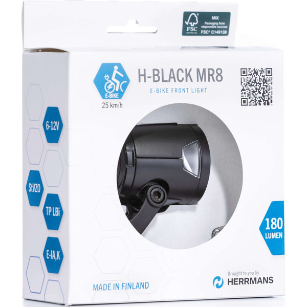 Herrmans H-Black MR8 E Headlight 6-12 Volt - with bracket - 180 lumens