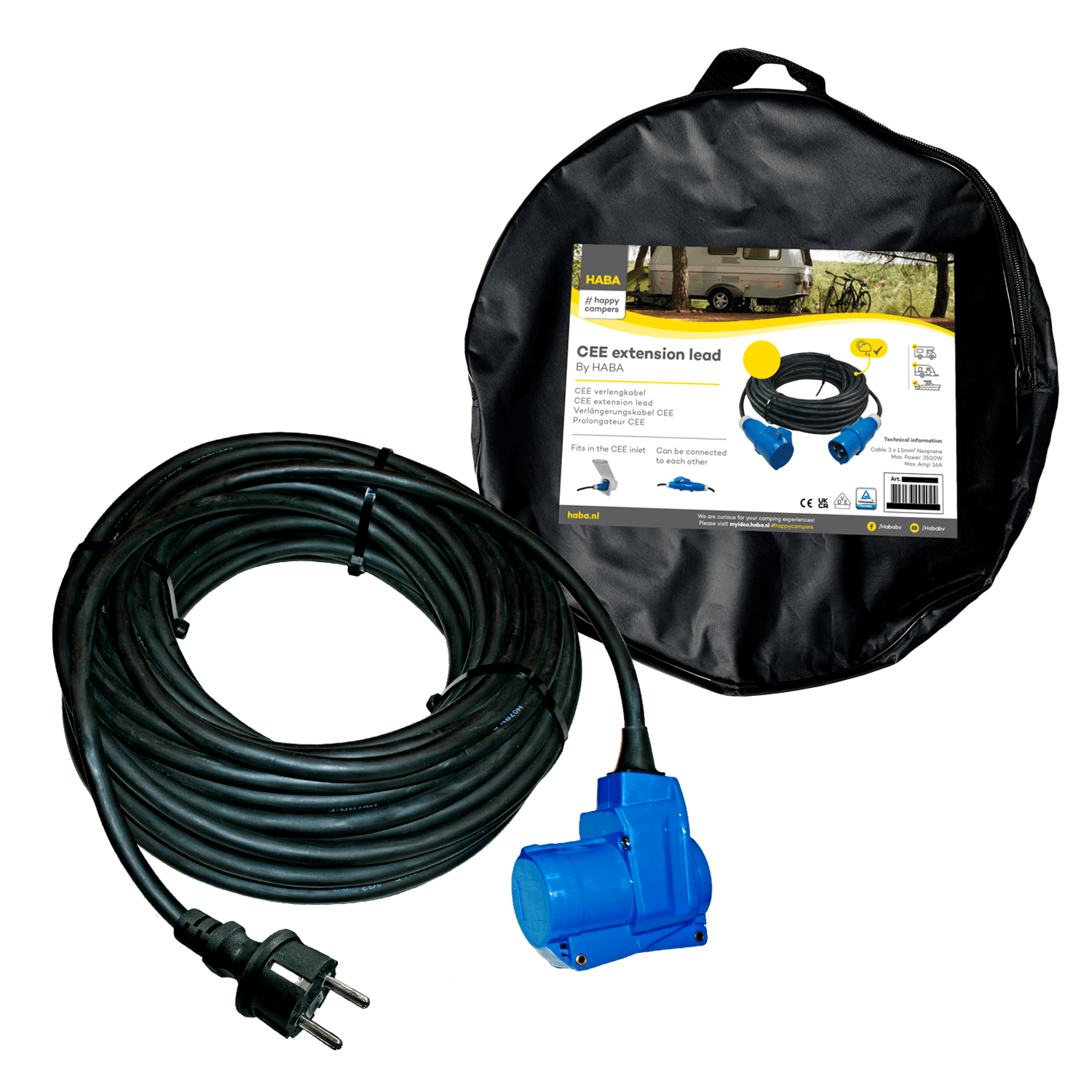 Ngk verleabel 25 meter neopreen 3x 2.5mm² - schuko stekker en haakse koppeling - in tas