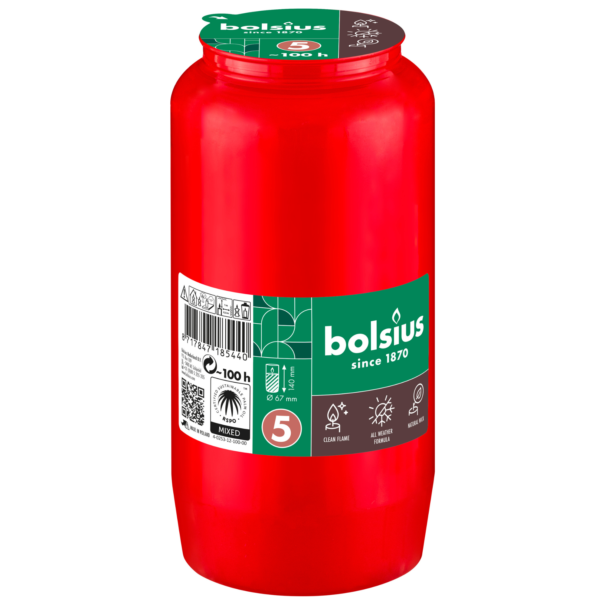 Bolsius compolight graflichten nr 5 rood ø67x141 mm 100 uur (24 stuks)