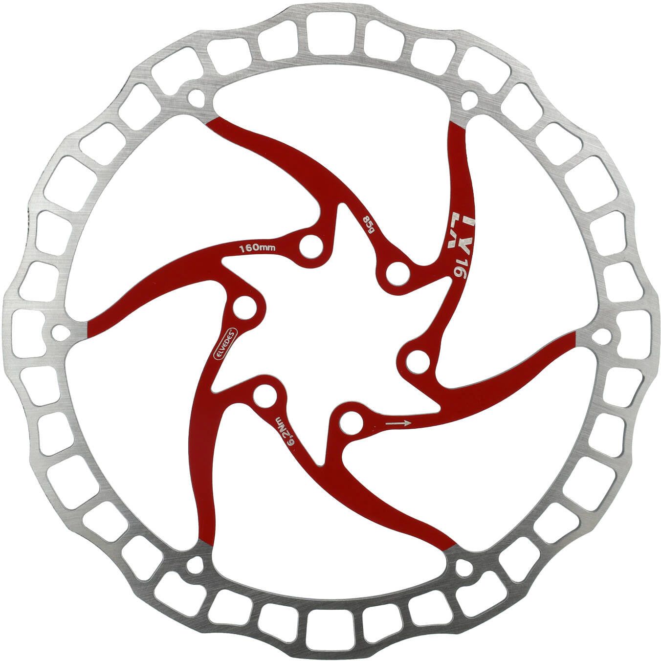 Elvedes rotor uit één stuk 160mm 85g 6 gaats+bout rood 2015196