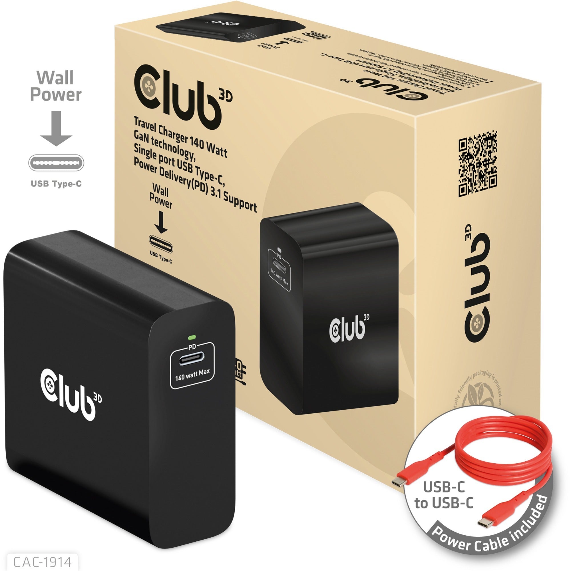Club 3D Club 3D Reislader 140 Watt GaN-technologie, Enkele por