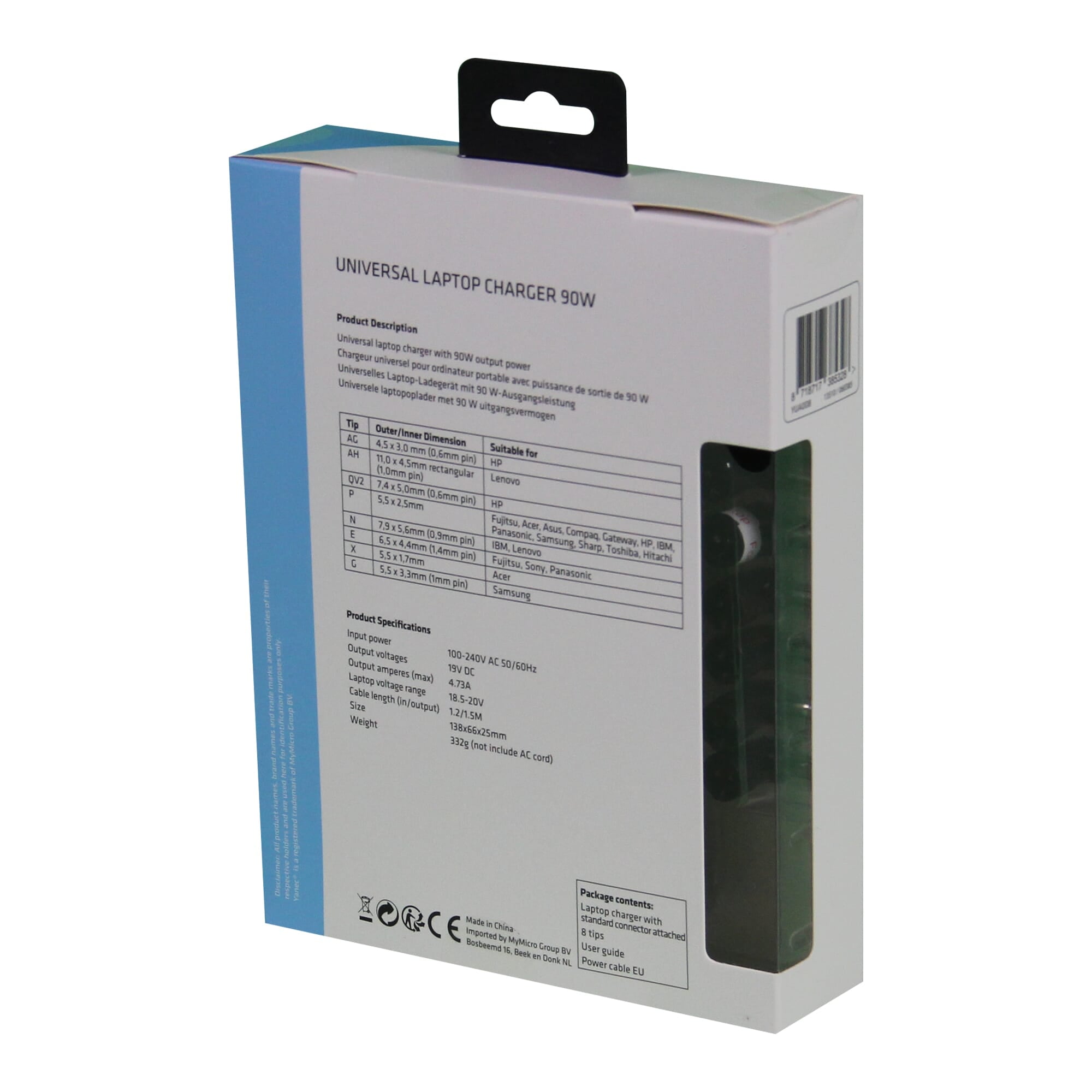 Universeel yanec universele laptop ac adapter 90w met 8 tips - zwart