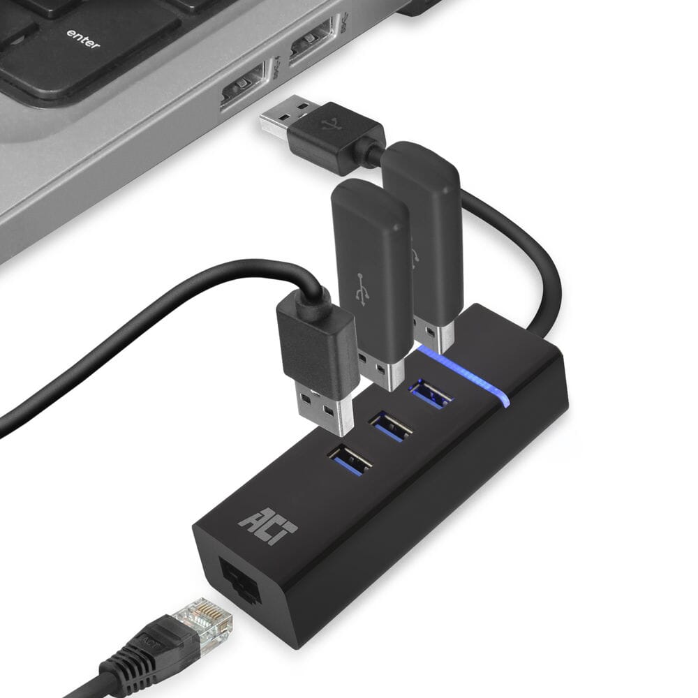 ACT Connectivity USB Hub 3.2 3x USB-A ethernet, zwart