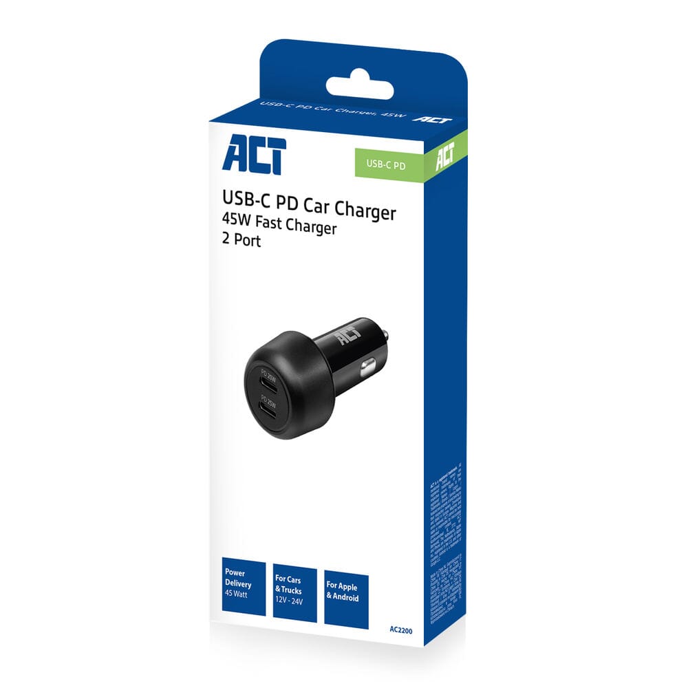 Act 2-poorts usb-c snellader autolader 45w