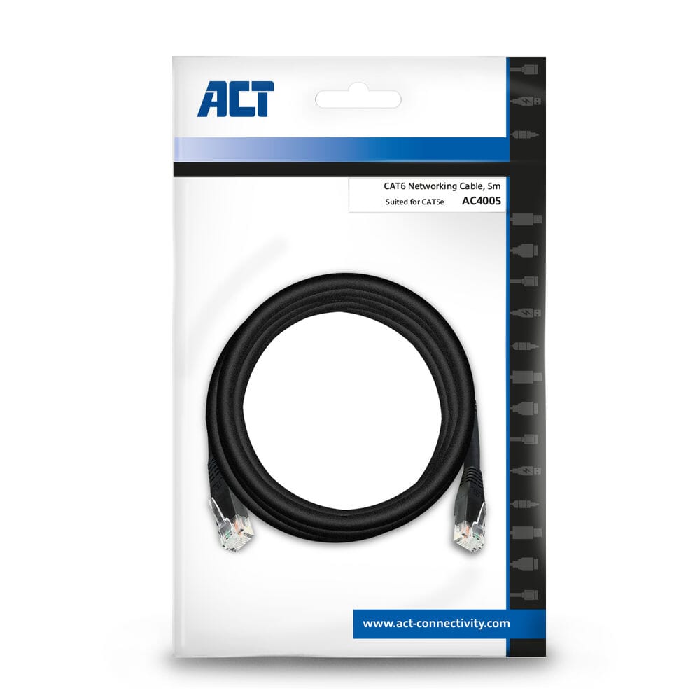 Act zwart 5,0 meter u utp cat6 patchkabel met rj45 zip bag