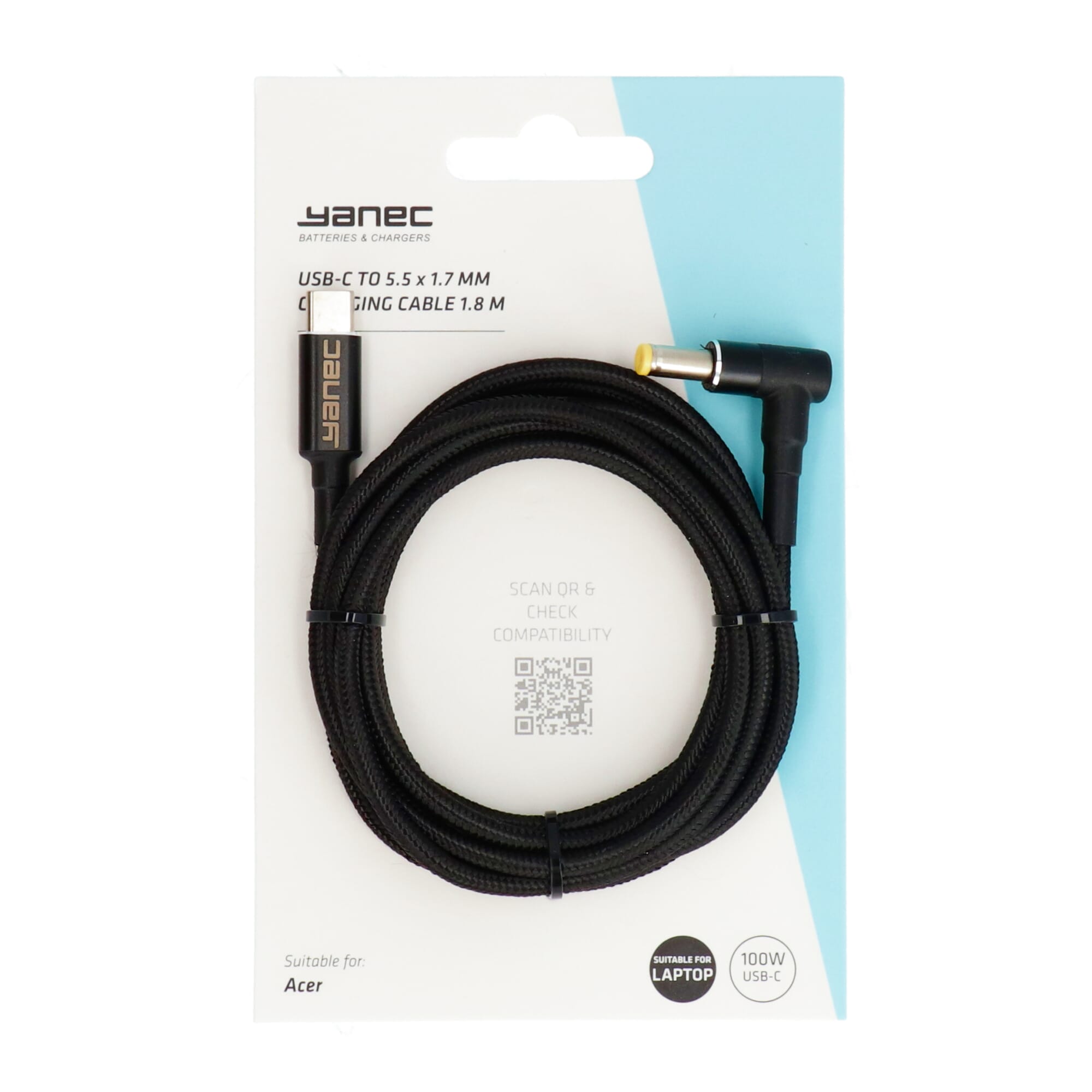 Yanec usb-c naar 5.5 x 1.7 mm laadkabel 1.8m