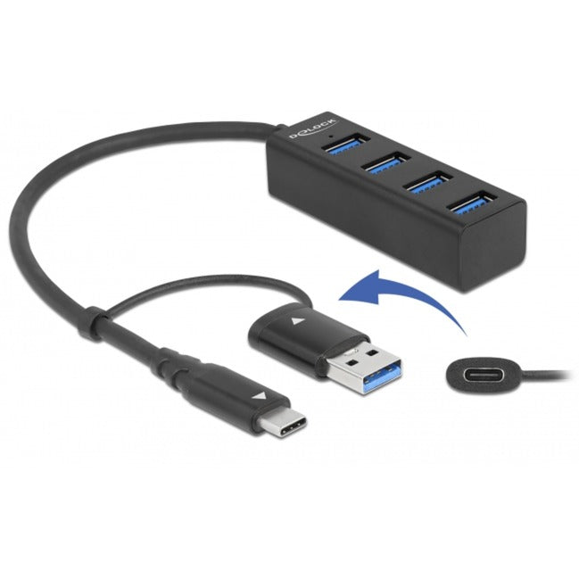 Delock 4-poorts usb 3.2 gen 1 hub met usb type-c of usb type-a aansluiting usb-hub (zwart)