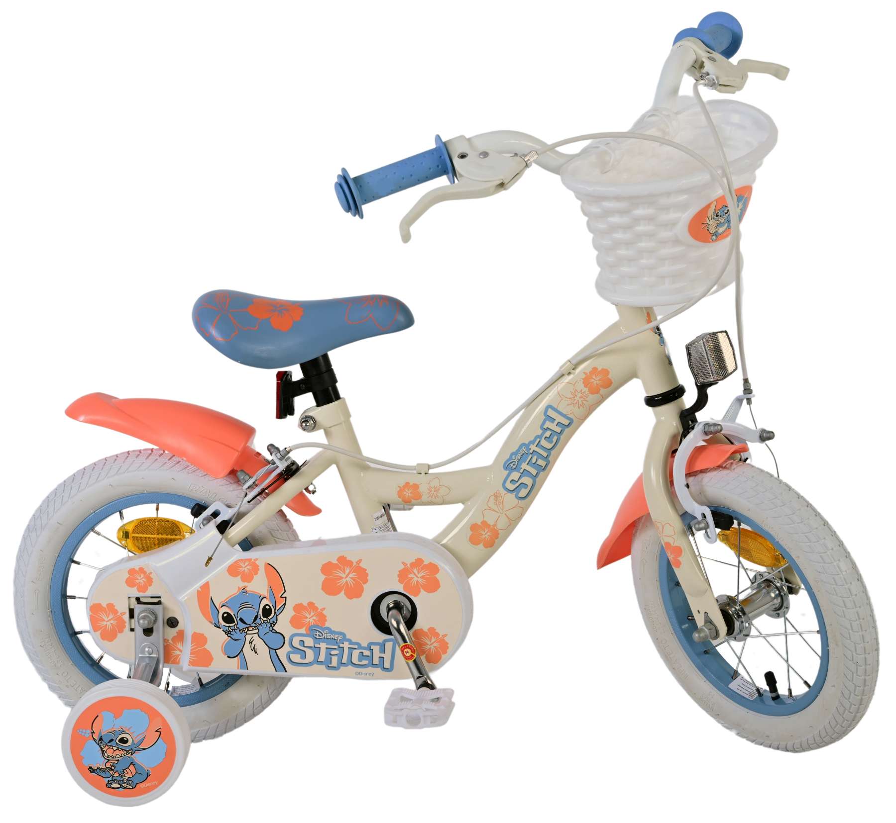 Stitch disney kinderfiets - meisjes - 12 inch - twee handremmen - crème blauw koraal