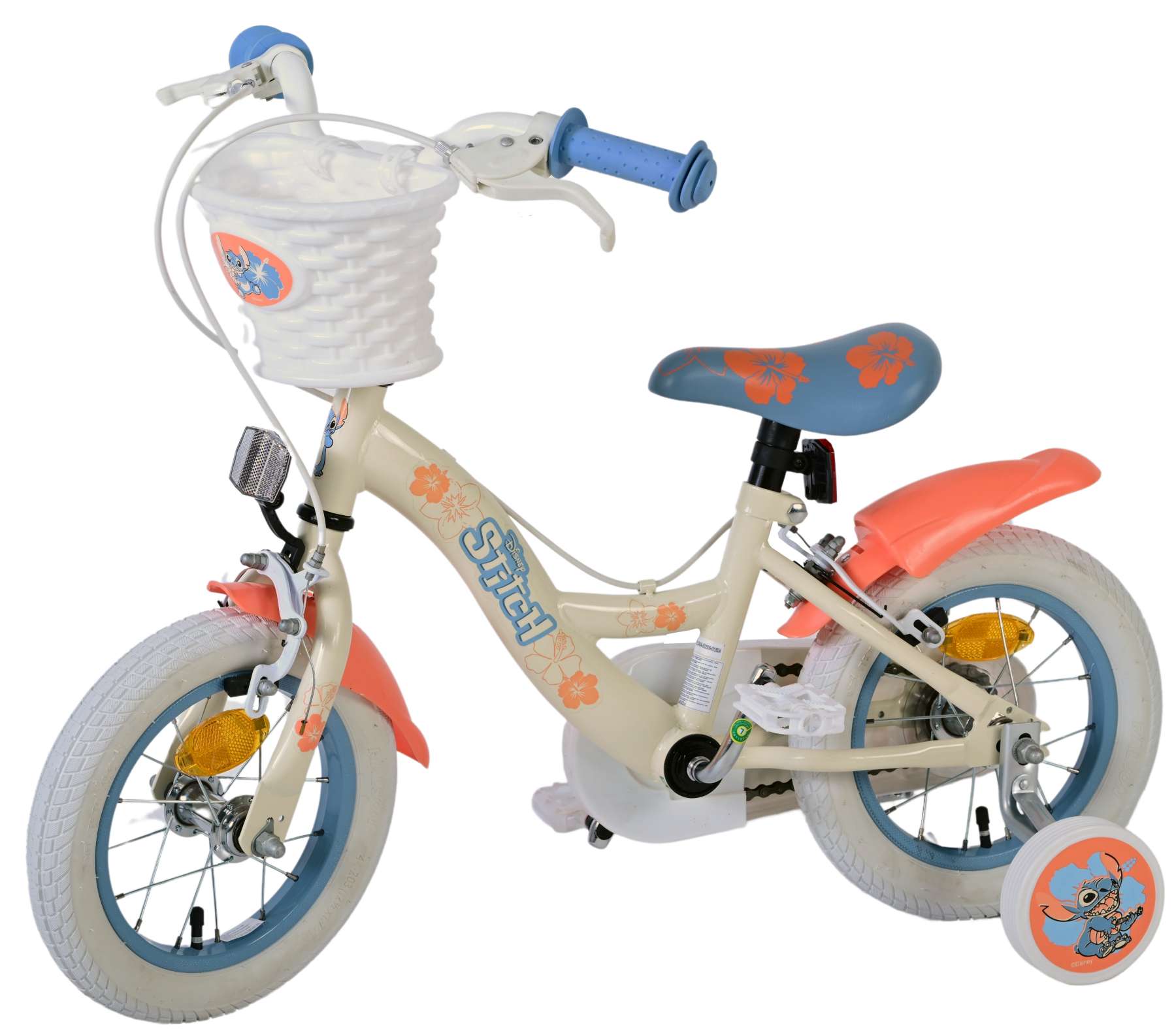 Stitch disney kinderfiets - meisjes - 12 inch - twee handremmen - crème blauw koraal