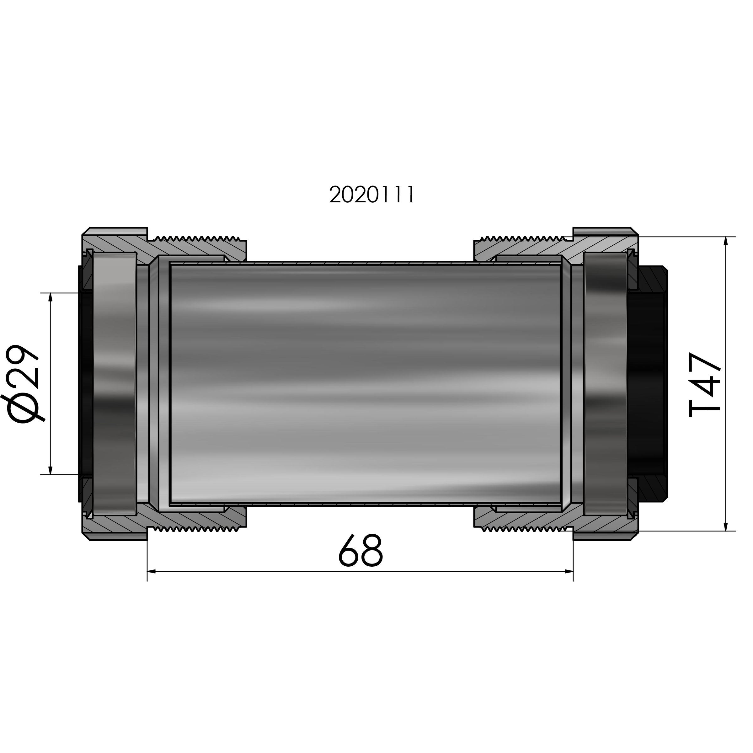 Trapas Elvedes Schroefdraadpassing T47 SRAM DUB extern 68 mm