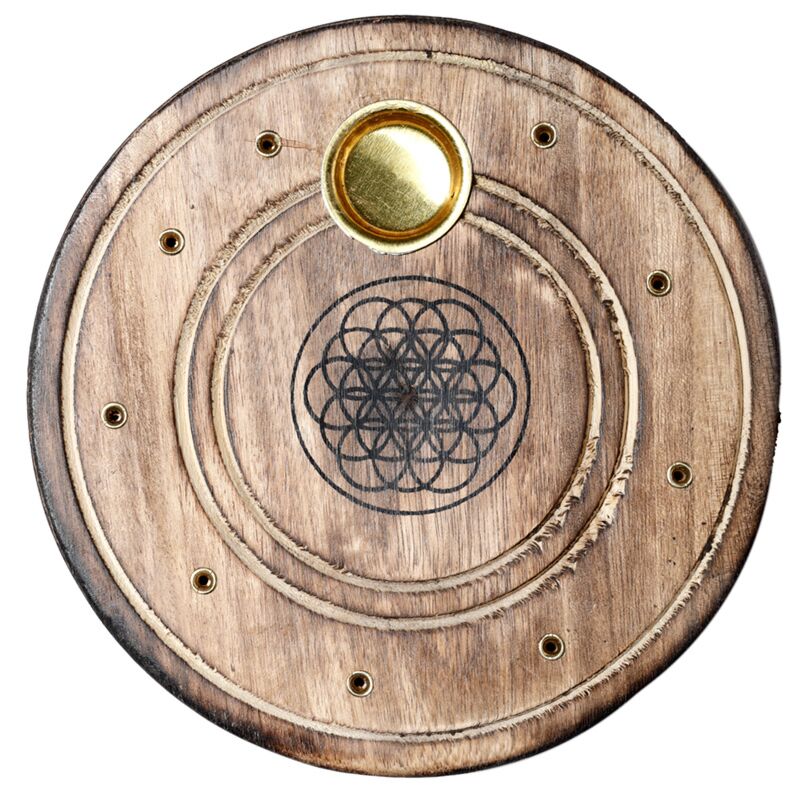 Mangohout ronde flower of life wierookhouder